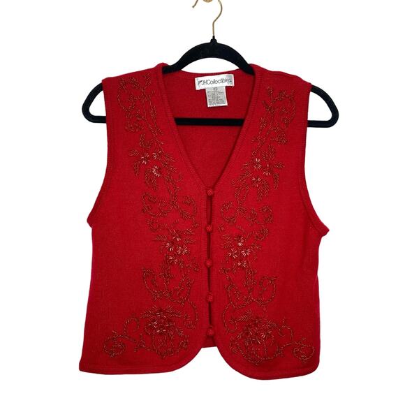 JH Collectibles Momcore Granny Cabin Cottage Red Beaded Bling Lambswool Vest PM - Picture 1 of 8
